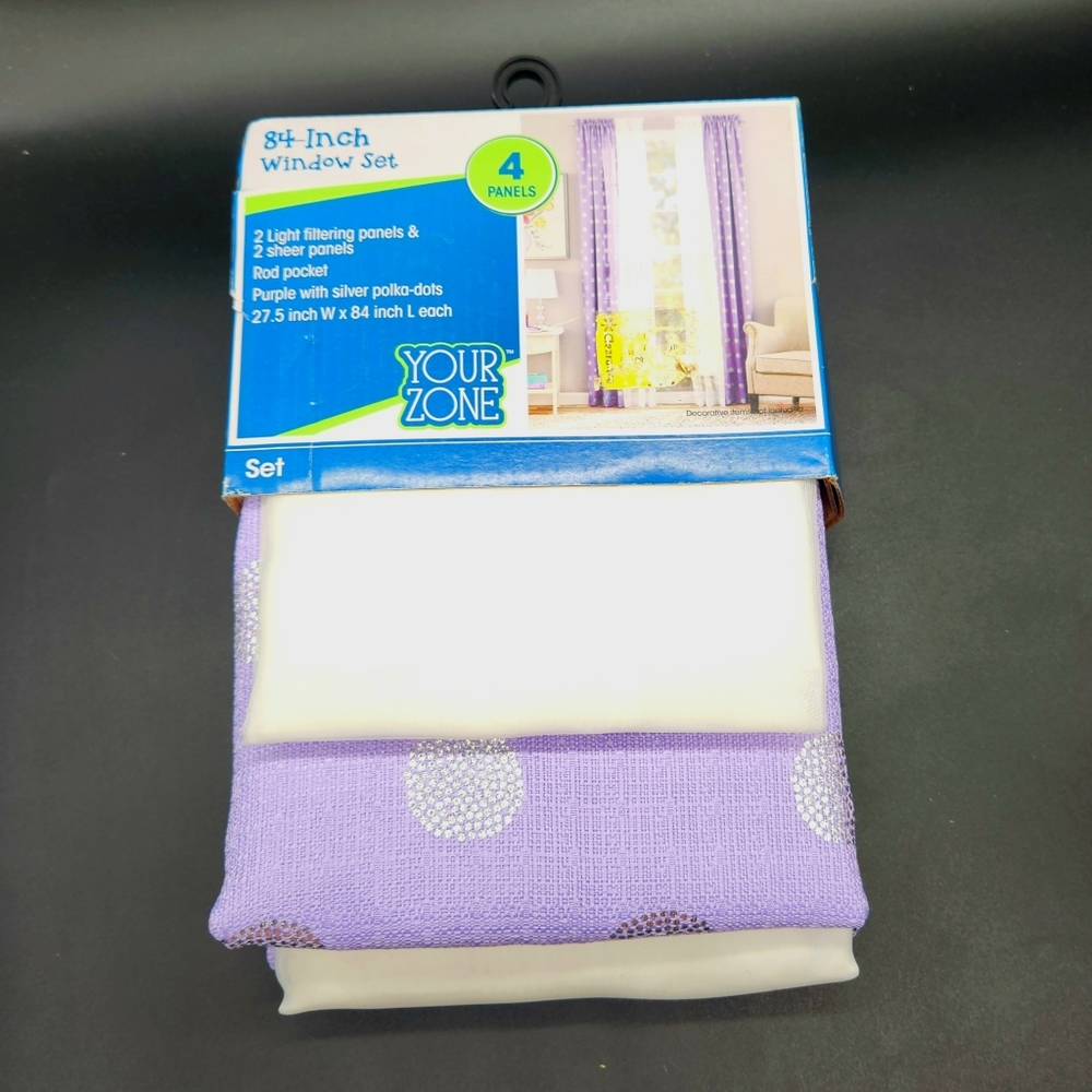 New, Your Zone 4 Piece Curtain Panel Set 84" inch Panels, Foil Polka Dot Purple